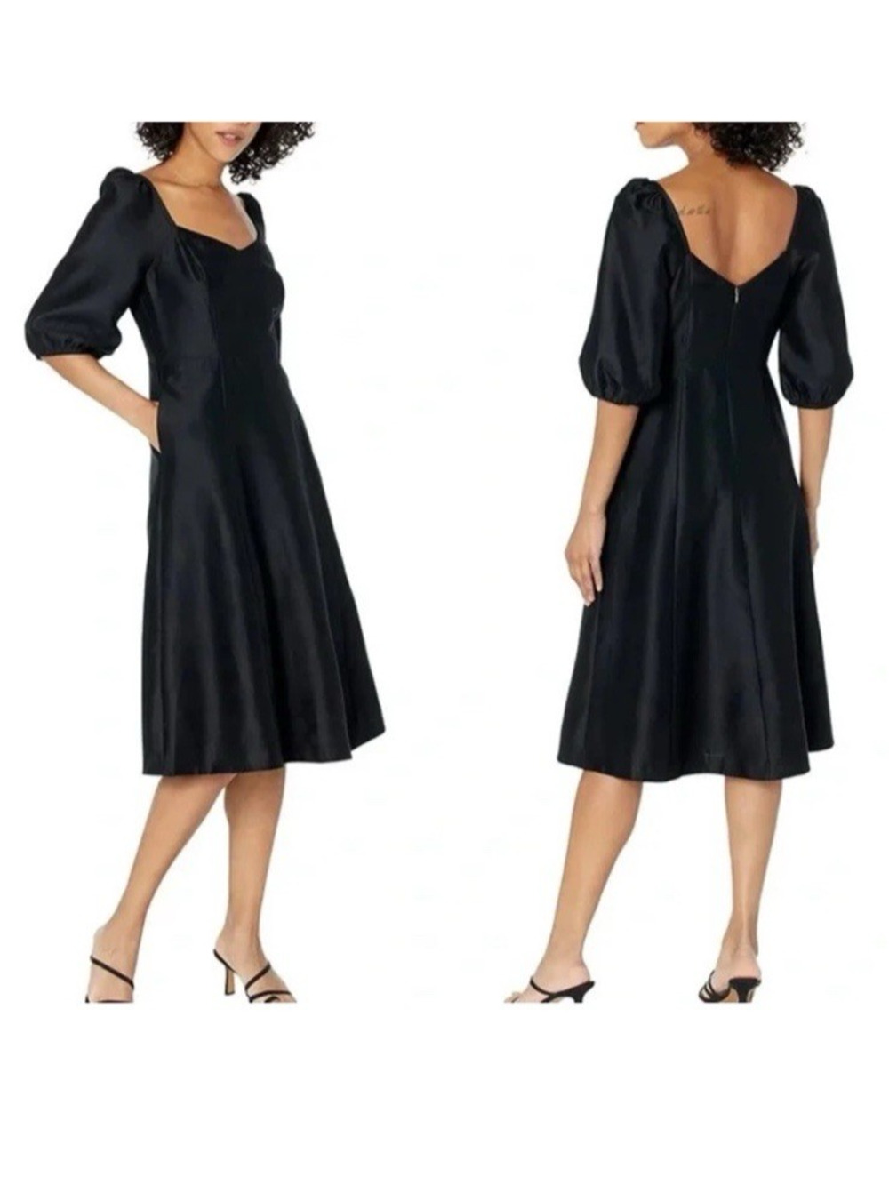 Draper James Black Puff Sleeve Midi Dress Silk Blend Fit Flare Women Sz 2